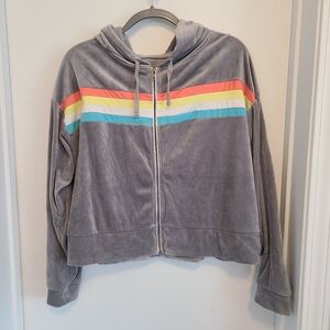SO Lounge Life Grey Jacket Size XXL Full Zip Rainbow Stripe Velour Velvet Hoodie